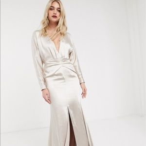 satin maxi dress with blouson sleeve